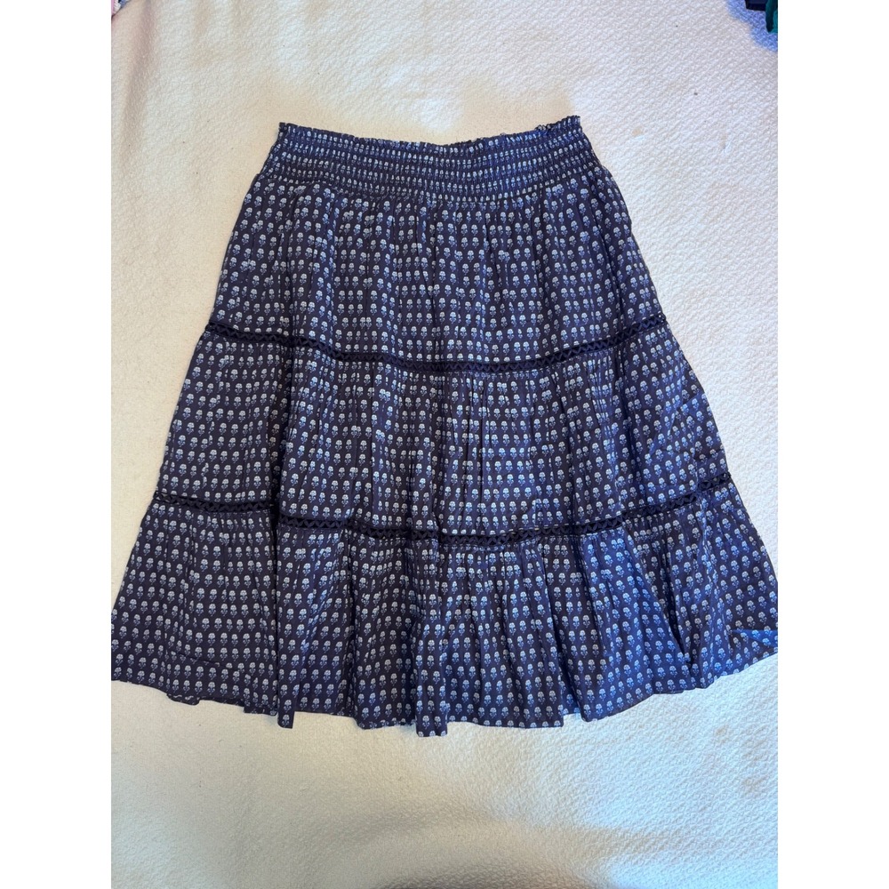 Jude Connally Navy Blue Floral Block Print Smocked Tiered Mini Skirt Small